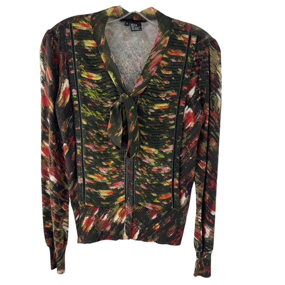Etcetera Button Front Tie Neck Multicolor Ruffle Front Knit Top Womens Small